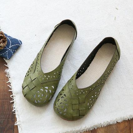Hollow Out Plait Linen Insole Leather Flats Shoes