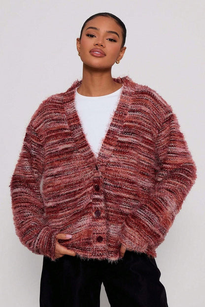 New Retro Deep V-neck Maillard Plush Long-sleeve Knit Cardigan