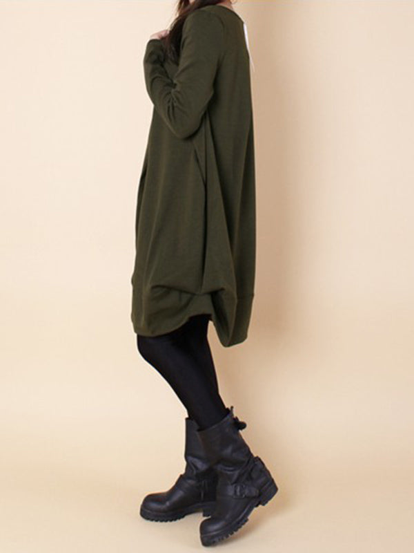 A-line Long Sleeves Pleated Color Round-neck Dresses Maxi Dresses