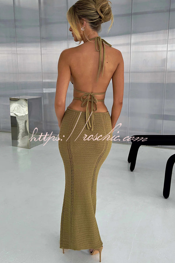 Effortlessly Cool and Knit Crochet Cutout Halter Tie-up Stretch Maxi Dress