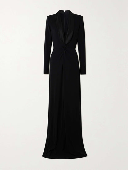 Long Sleeves Skinny Color Deep V-neck Maxi Dresses