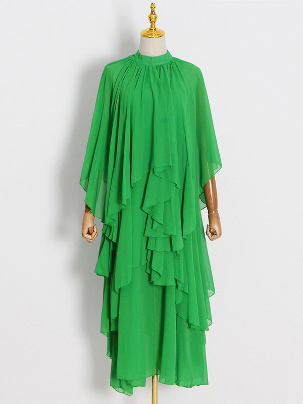 Loose Raglan Sleeve Color Tiered Stand Collar Maxi Dresses