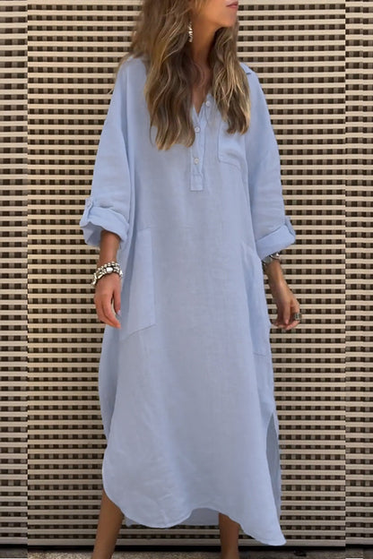 Color Button Pockets Irregular Hem Maxi Dress