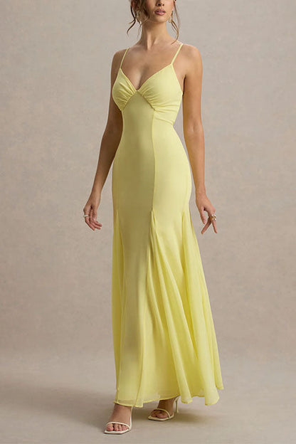 V Neck Adjustable Strap Bodycon Flare Maxi Dress