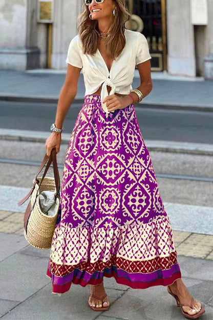 Bohemia Printed Elastic Waist Ruffle Maxi Swing Skirt