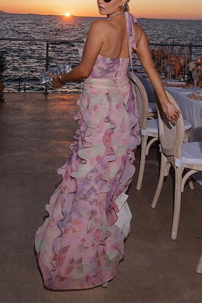 Dreamy Ruffle Halter V Neck Slit Watercolor Maxi Dress