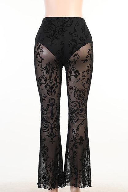 Moxidress Elastic Waist Bell Bottomed Mesh Lace Pants