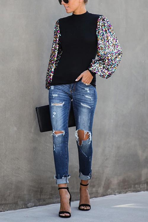 Moxidress Creneck Sequin Lantern Sleeve Knitting Blouses