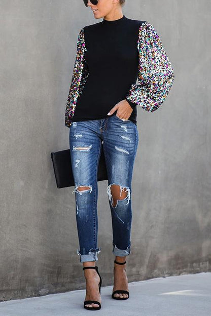 Moxidress Creneck Sequin Lantern Sleeve Knitting Blouses