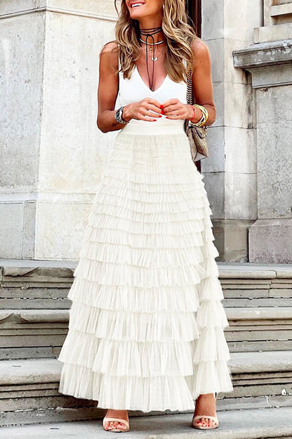 Moxidress Ruffle Layered Mesh A-line Long Tulle Skirt