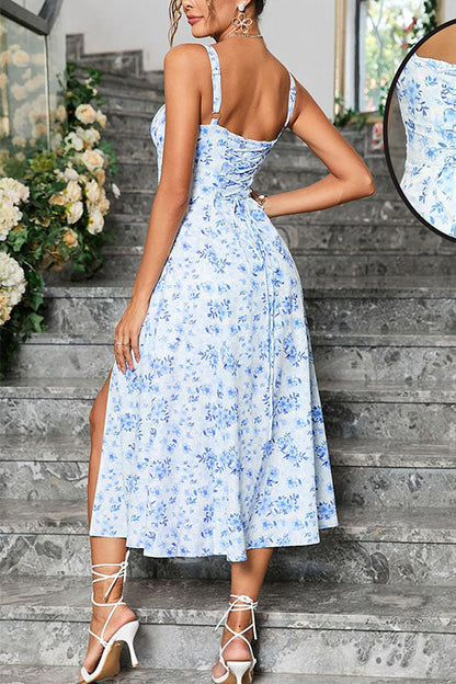 Adjustable Strap Back Lace-up Slit Midi Dress