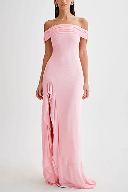 Moxidress Off Shoulder Back Cut Out Ruffle Slit Maxi Dress