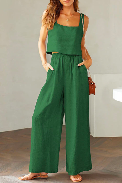 Square Collar Cami Crop Top Wide Leg Pants Cotton Linen Set