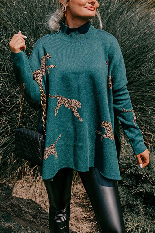 Moxidress High Neck Side Slit Cheetah Pattern Sweater