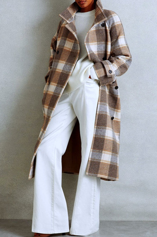 Color-block Plaid Wool Blend Tie Waist Winter Coat