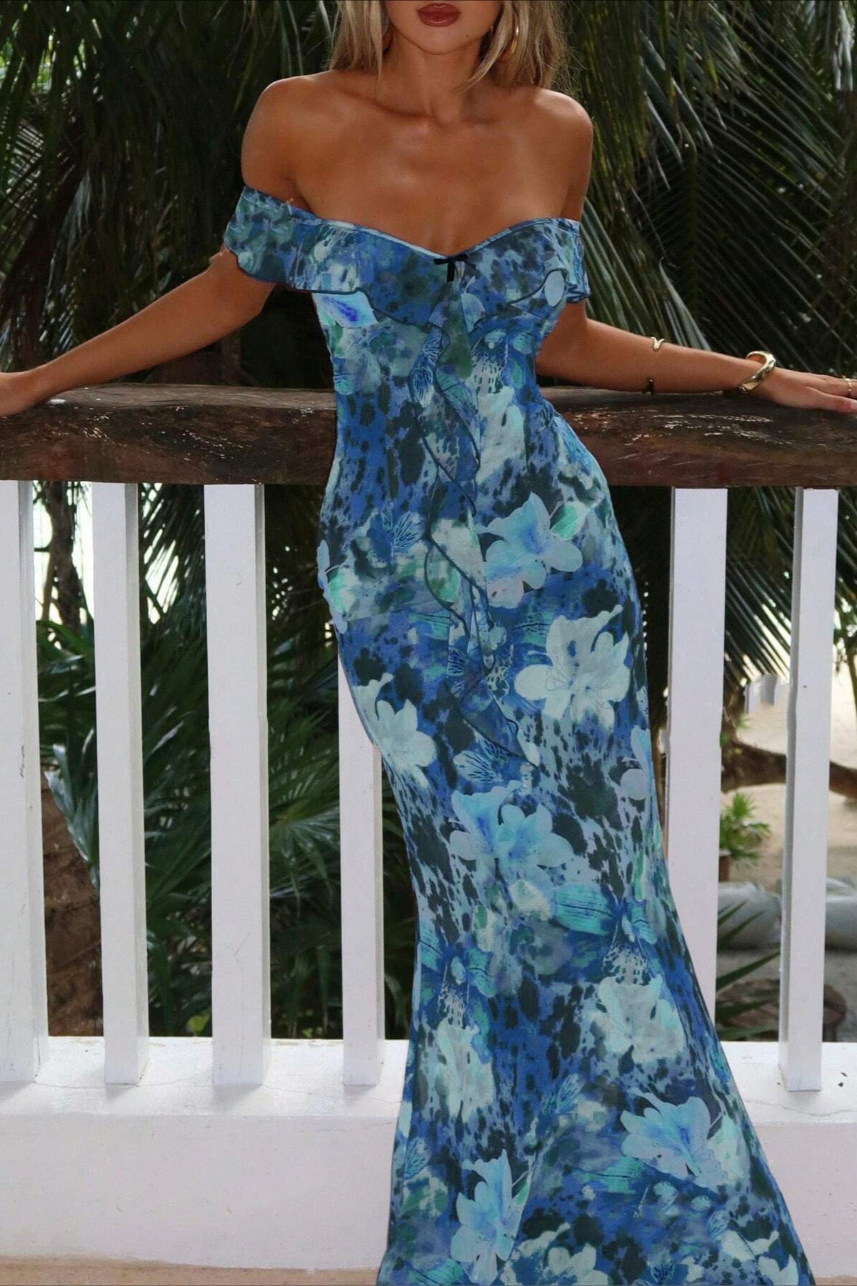 Tie Strapless Ruffled Print Bodycon Maxi Dress