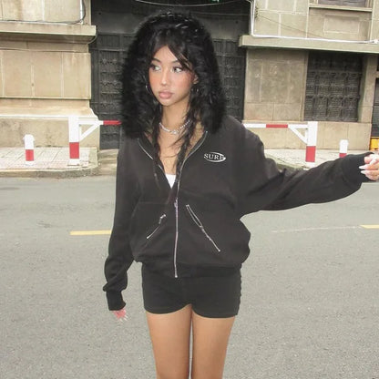 Zip Up Hoodie Black Feather Splice Long Sleeve Loose Sweatshirt Woman Street Winter Cardigan Femme New