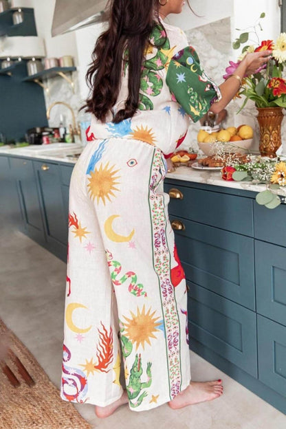 Beauty Unique Print Short Sleeve Loose Shirt and Elastic Waist Pants Set