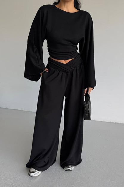 Cinched Waist Flared Sleeve Top Palazzo Pants Set