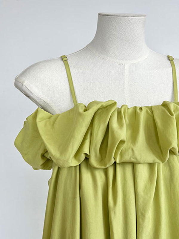 Loose Sleeveless Elasticity Pleated Color Split-joint Off-the-shoulder Maxi Dresses