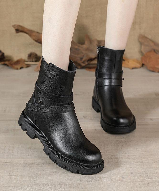 Black Genuine Leather Platform Flat Boots