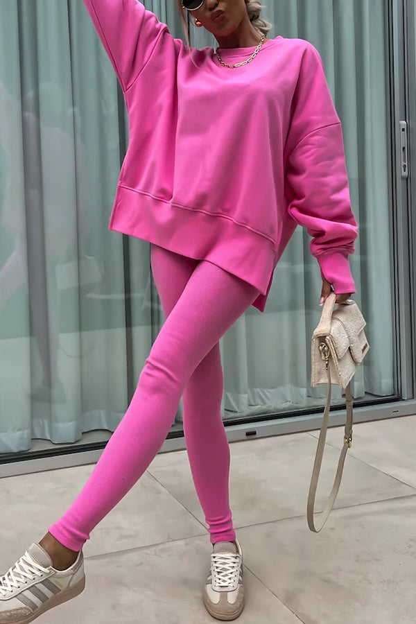 Color Loose Long Sleeve Slitsweatshirt and Elastic Waist Tight Pants Set