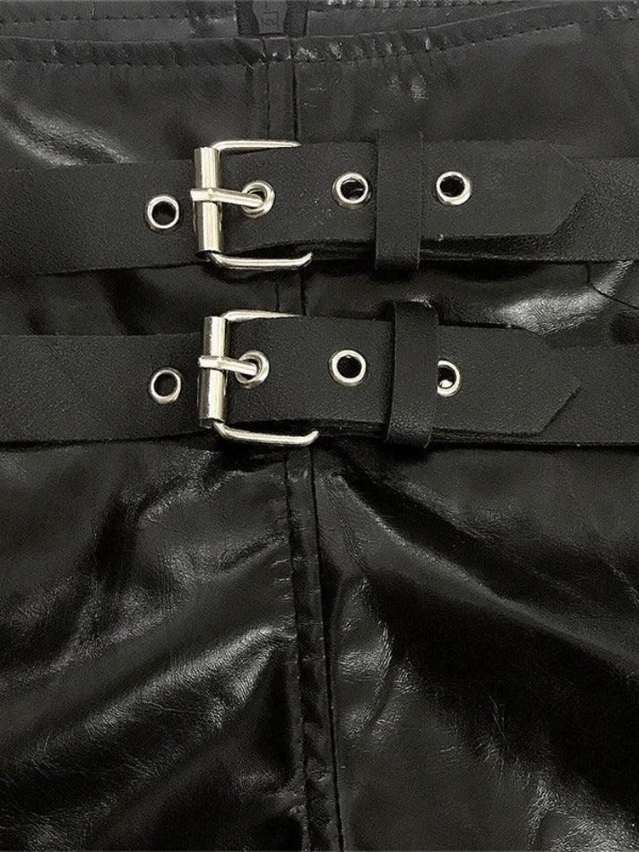 Black Punk Leather Hollow Shorts With Buckle