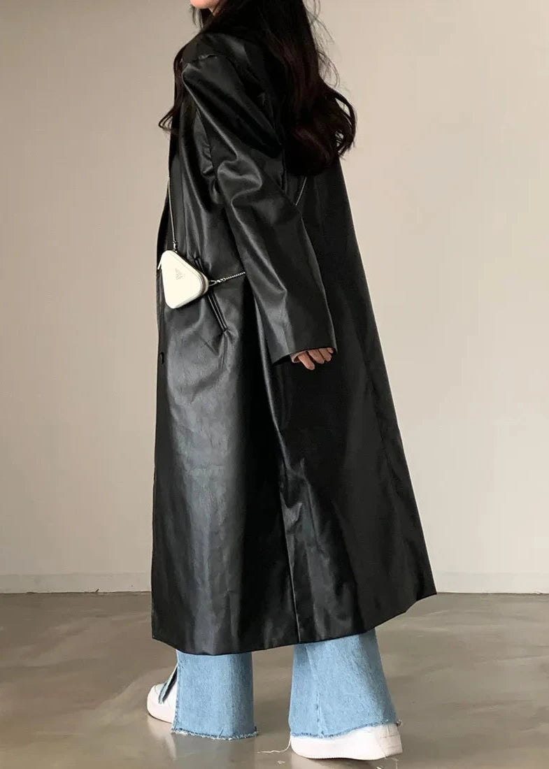 Retro Black Pu Leather Trench Coat - Double-breasted