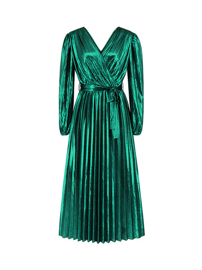 High Waisted Long Sleeves Bronzing Elasticity Pleated Color Tied Waist Deep V-neck Maxi Dresses