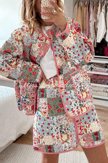 Patchwork Flower Print Front Zipper Pocketed Quilted Knit Mini Skirt