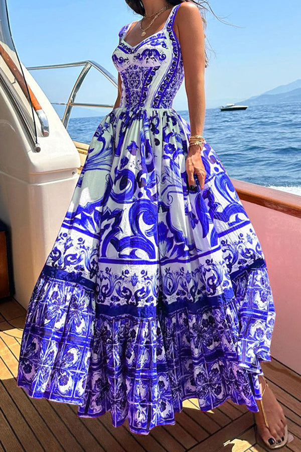 Print Suspender Patchwork Maxi Dress