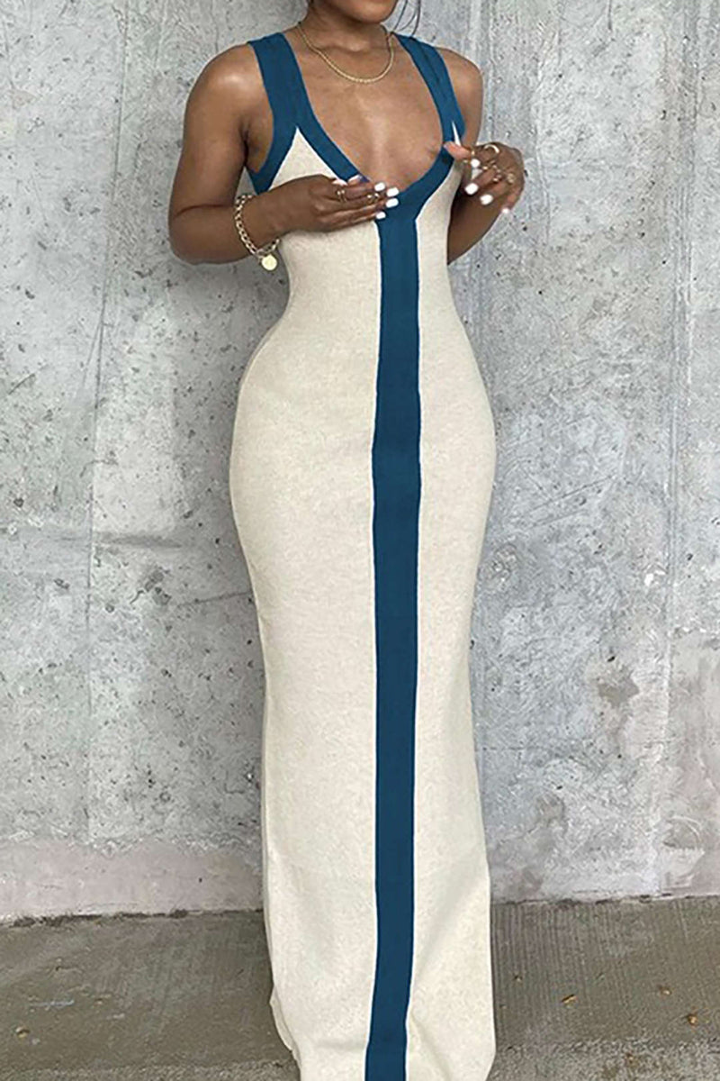 Colorblock V Neck Knit Slim Split Maxi Dress