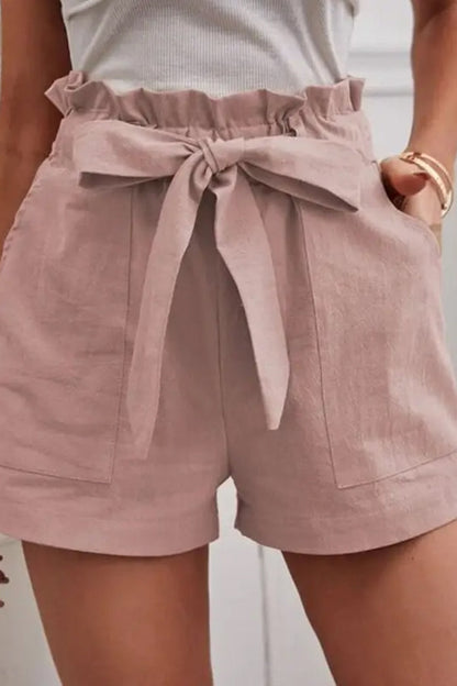 Loose Color Elastic Waist Tie Shorts