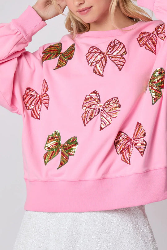 Christmas Bow Sequin Loose Long Sleeve Sweatshirt