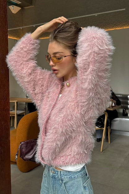 Color Button-up Faux Fur Knit Sweater