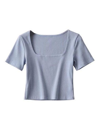 Square Neck Rib Crop T-shirt Short Sleeve Crop Top