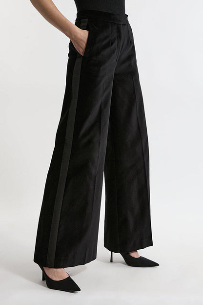Cue the Cocktails Velvet Grosgrain Detail Pocketed Wide Leg Pants