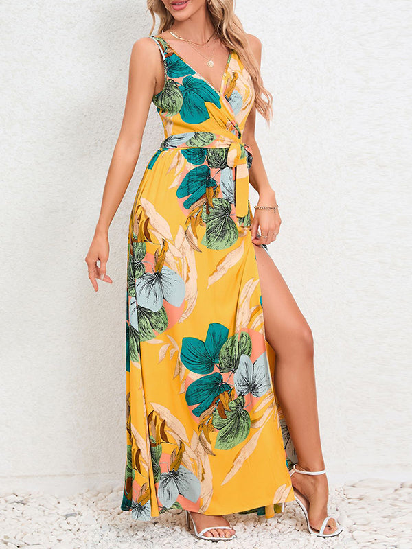 A-line Loose Flower Print Pleated Split-front Tied Waist V-neck Maxi Dresses