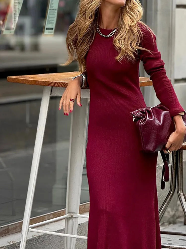 Round Neck Slim ’s Knit Maxi Dress Red Full Sleeve High Waist Long Vestidos Lady High Street Robe