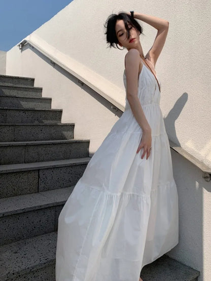 Loose Summer Dress Spaghetti Strap V-neck Vocation Vestidos Korean A-line Clothes New Long Dresses