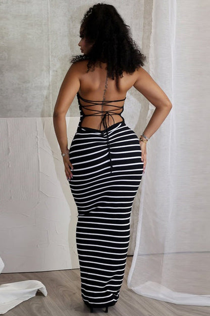 Striped Backless Tie-back Halter Maxi Dress