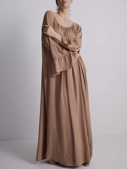 A-line Flared Sleeves Pleated Color Split-joint Round-neck Maxi Dresses