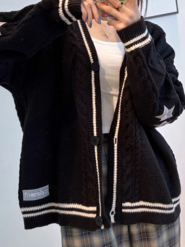 Oversized Cable Knit Cardigan With Star Embroider