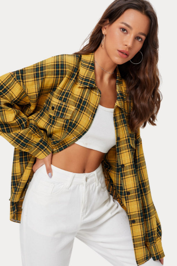 Plaid Stand Collar Button Shirt Blouse