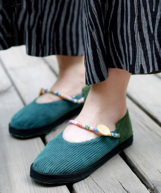 Green Flat Feet Shoes Cotton Fabric Buckle Strap Flat Shoes