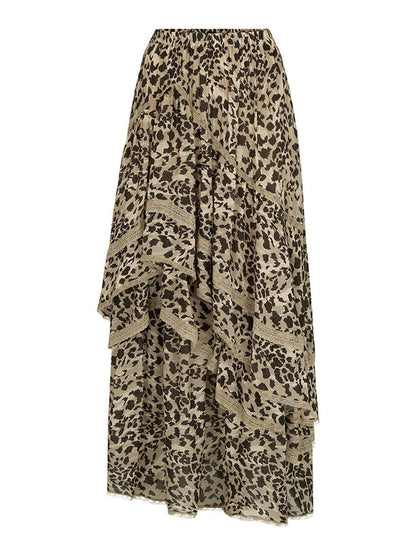 Leopard Printed Maxi Skirt Female Ruffled Patchwork Summer High Waist Bandage Party Looks Long Skirt