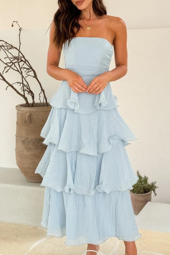 Strapless Backless Ruffle Tiered Midi Dress