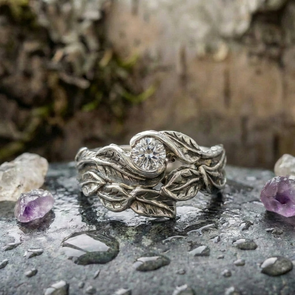 Vintage Silver Leaf Zirconia Ring
