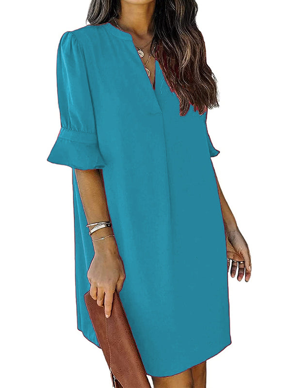 A-line Flared Sleeves Pleated Ruffled Color Split-joint V-neck Mini Dresses