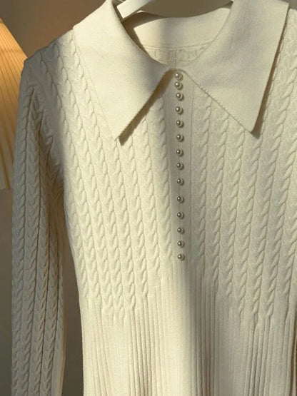 Ribbed Autumn Knit Long Dress for High Waist Long Sleeve Dress Lapel Loose Knitwear Maxi Dress
